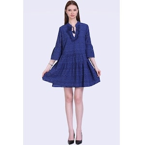 Gugi Ariana Summer Dress Blue With Long Sleeves And V-Neck, Women Dress