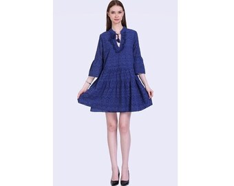 Gugi Ariana Summer Dress Blue With Long Sleeves And V-Neck, Women Dress