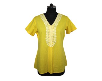 Yellow intricate white threads embroidery V Neck half Sleeve Summer Top, Nighty.