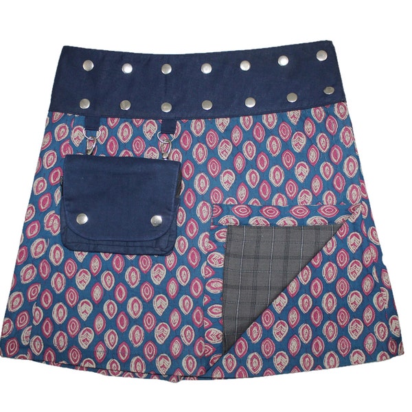 Gugi Women Wrap Skirt With Pouch, Ladies Blue Cotton Skirt, Universal Size, Snap Short Skirt, Universal Size, Adjustable Mini Skirt