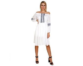 Women Embroidery  Trim Off the Shoulder Dress , Mexican Traditional Dress, Women White Long Dress , gift for her