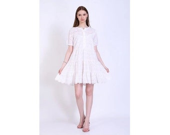 Gugi Cynthia White Summer Dress With Short Sleeves, Women Embroidery Dress