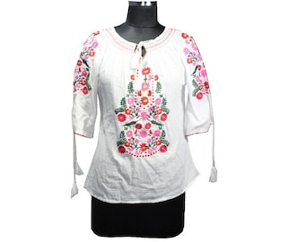 Women Embroidered Blouse, Multi Coloured Embroidered Blouse, White Summer Blouse