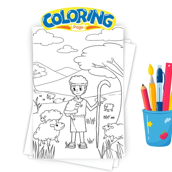 David, The Brave Shepherd Boy Coloring Activity, Bible Lesson, Sunday School, Coloring Page, Printable, Sheep, Bible Stories, PNG, PDF, A4