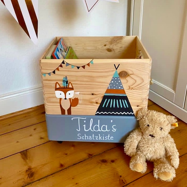 Holzbox Spielzeugkiste mit Name Fuchs Indianer Tipi Boho Holzbox fürs Kinderzimmer Deko Aufbewahrung Babygeschenk Taufe Geburt Weihnachten