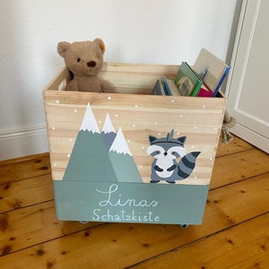 Wooden box toy box raccoon with name for the children's room, baby gift personalized baptism birth birthday