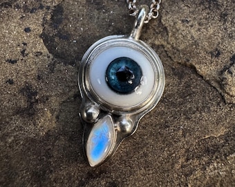 Sterling-Silver Realistic Blue Glass Eye with Rainbow Moonstone