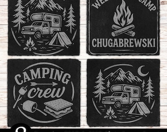8 Funny Camping Slate Coaster Files, PNG & SVG Laser Engraved, Glowforge, Slate Tile Laser Digital File, Camping Nature Slate Coaster Design