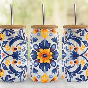 Vaso de vidrio de 16 oz con diseño de Talavera azul y amarillo, archivo PNG, diseño de envoltura de vidrio Libbey de 16 oz, vaso Libbey de sublimación, vaso de vidrio de 16 oz