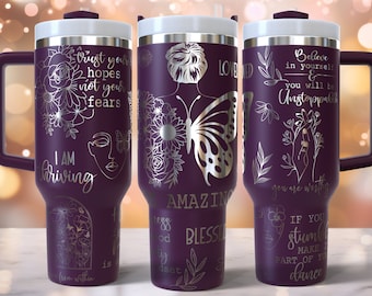 Diseño de envoltura completa grabado con láser de afirmación de mariposa para vaso de 40 oz, descarga digital, SVG para rotatorio láser, envoltura láser de vaso de 40 oz