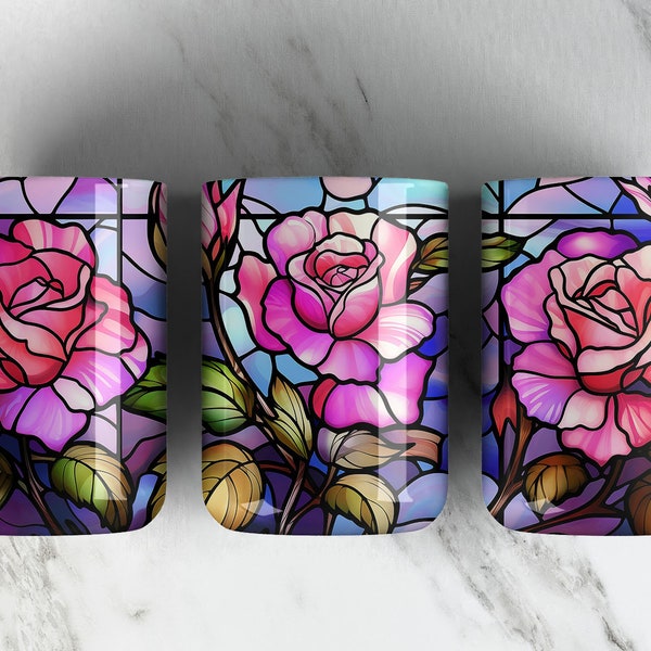 Stained Glass Roses • 15OZ Coffee Mug Sublimation Design PNG File • Stained Glass 15oz Coffee Cup Wrap Design • Digital ONLY