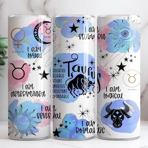 Taurus Zodiac Sign 20oz Skinny Tumbler Wrap PNG, Astrology Sign Sublimation Tumbler Template, 20oz Tumbler Design, Digital Download