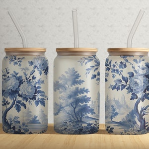 Toile De Jouy 16oz Libbey Glass Tumbler Wrap PNG File • Traditioneel Toile Patroon 16oz Glass Sublimation Design Wrap • Digitale download