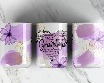 GRANDMA 11oz Mug Sublimation Design PNG File • Grandma AFFIRMATION • Mother Day 11oz Mug • Purple Watercolor Flowers Coffee Mug Wrap Design