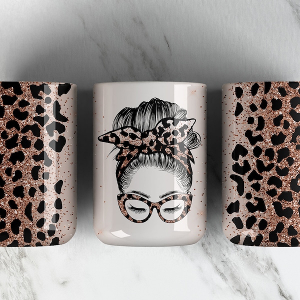 Messy Bun Girl 15OZ Coffee Mug Sublimation Design PNG File • Cheetah • Leopard Print • Coffee Mug Sublimation Print • Digital Download