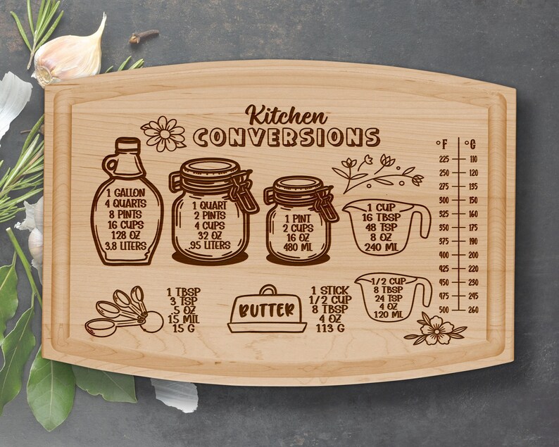 Cooking Conversion Board Kitchen Conversions Chart Cutting Board Laser Engraved Design ...