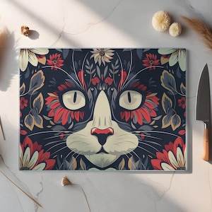Floral Cat Cutting Board Sublimation Design, Cutting Board PNG, Chopping Board PNG, Glass Cutting Board Design, Sublimate Placemat, Digital