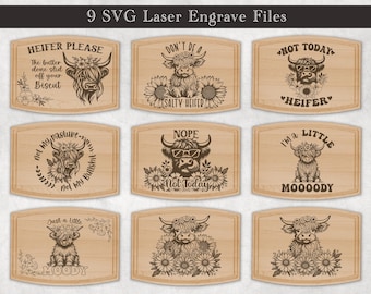 Highland Baby Cow Cutting Board Laser Engraved File Design, Charcuterie Board SVG, Glowforge, Laser Cut File, Cow Cutting Board Design