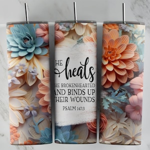 Diseño floral 3D 20 oz Vaso flaco Sublimación Archivo Png • Vaso de fe • Versículo de la Biblia • Religioso • Jesús • Diseño de vaso de flores