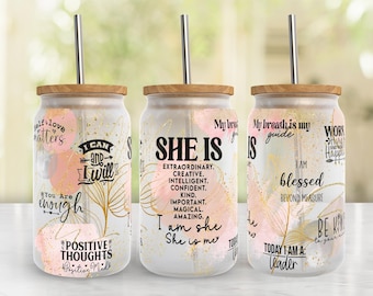 Daily SHE IS Affirmation 16oz Libbey Can Tumbler Wrap PNG File • Daily Affirmation 16oz Tumbler Sublimation Design • Gold Design Elements