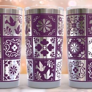 May include: Three stainless steel tumblers with a purple and silver geometric pattern. The pattern features a repeating design of flowers, leaves, and birds.