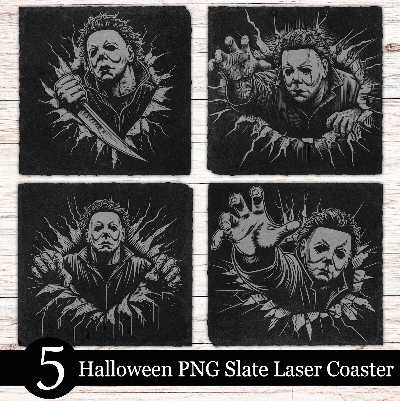 5 Halloween Laser Engraving PNG File, Slate Coaster Files for Engraving ...