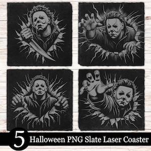 5 Halloween Laser Engraving PNG File, Slate Coaster Files For Engraving, Scary Tile Laser File Digital Download, Laser Burn PNG, Xtool