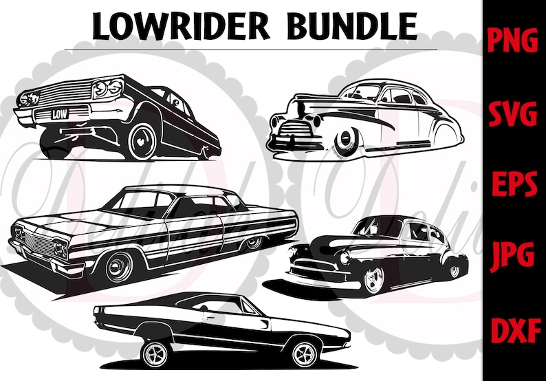 May include: A digital download bundle of five black and white silhouette illustrations of classic lowrider cars. The cars are all in profile view and have a distinctive low-slung appearance. The bundle includes PNG, SVG, EPS, JPG, and DXF file formats.