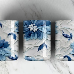 3D FLORAL 15 Unzen Becher Sublimation Design PNG Datei • 3D Blau Weiß Blumen 15 Unzen Becher • Hochzeit Design • Digitaler Download 15 Unzen Kaffee