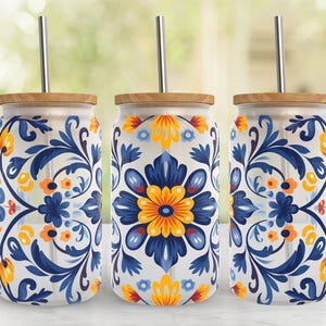 Blue Yellow Talavera 16oz Glass Can Wrap, Libbey Glass PNG Design, 16oz Libbey Glass Design, Sublimation, 16oz Libbey Glass Wrap, Download