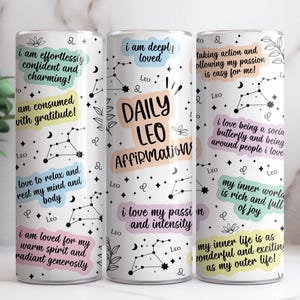 Zodiac Sign LEO 20oz Skinny Tumbler PNG Wrap, 20oz Skinny Template Sublimation Design, Daily Affirmation Tumbler Wrap, Leo