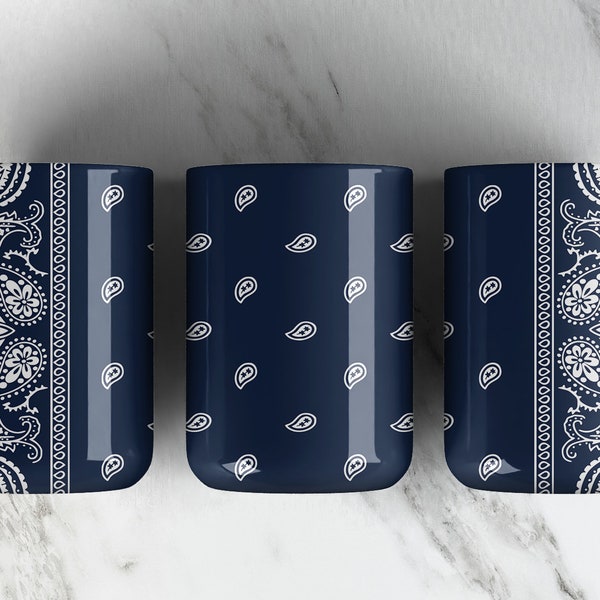 Blue Bandana 15OZ Coffee Mug Sublimation Design PNG File • Paisley Bandana Pattern • 15oz Coffee Cup Wrap • Mug Press • Coffee Cup
