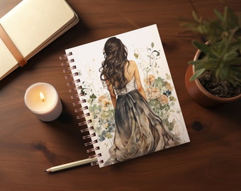 Akvarell blomma flicka journalomslag PNG Design sublimering - utskrivbart spiralplanerare omslag anteckningsbok omslag - digital omedelbar nedladdning