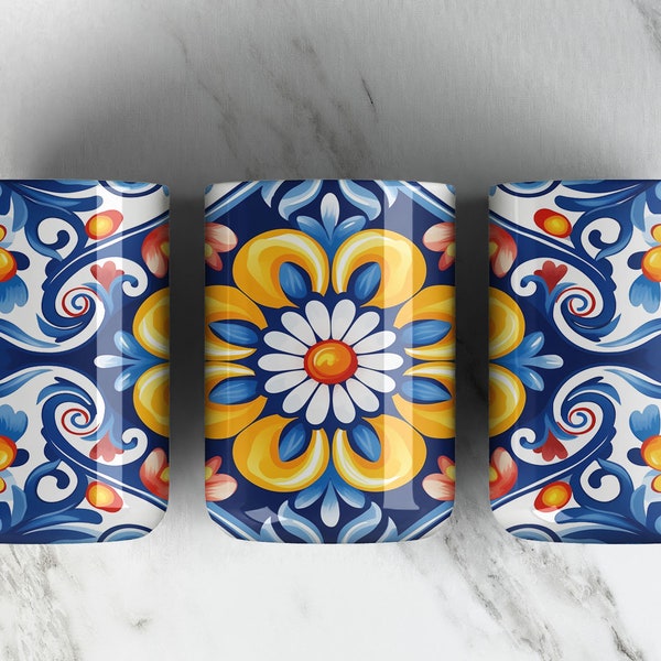 Blue Yellow Mexican Talavera Pattern 15oz Coffee Cup Wrap PNG File • Mexico Pottery Pattern • 15oz Mug Design Wrap • Sublimation • Digital