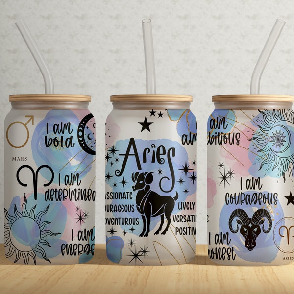 Zodiac Signs ARIES 16oz Libbey Can Tumbler Wrap PNG File • ARIES Affirmation 16oz Tumbler Sublimation Design • Horoscope • Astrology