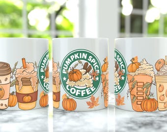 May include: White ceramic coffee mugs with a fall theme. Each mug features a design with pumpkins, fall leaves, and coffee drinks. The text "Pumpkin Spice Coffee" is displayed in a green circle.