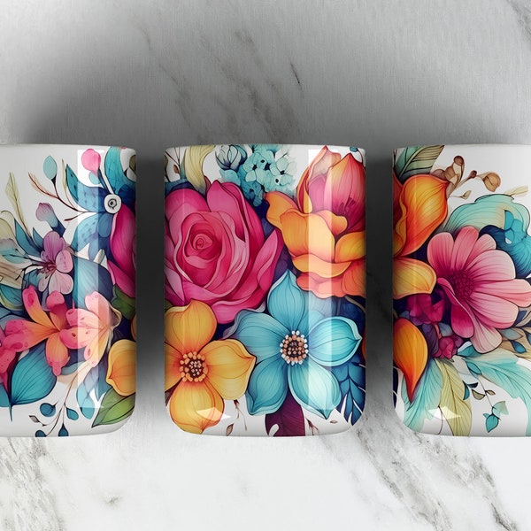 Fichier PNG avec sublimation de tasse à café, bouquet de fleurs 15 oz • Fleurs graffiti • Emballage floral pour tasse 15 oz • Presse pour tasses • Numérique