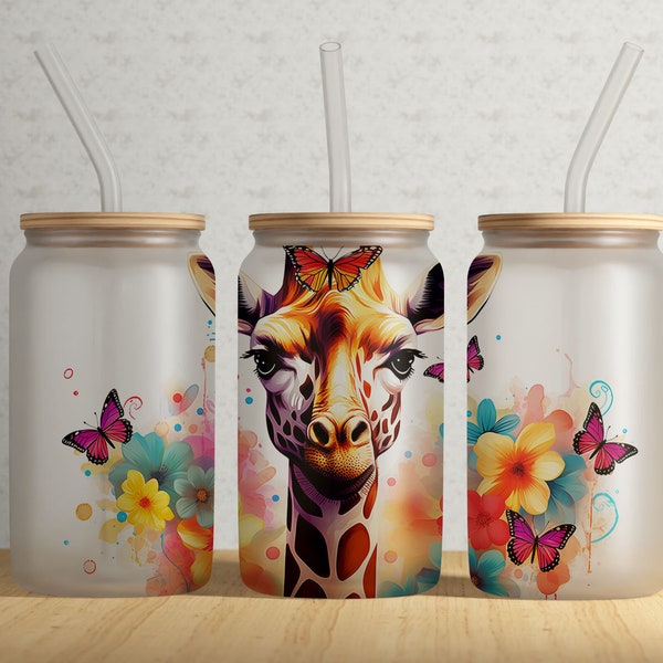 Floral Giraffe Butterflies 16oz Tumbler Wrap Sublimation Design • Zoo Animal 16oz Glass Design • PNG File  • Digital Download ONLY