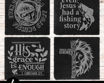 4 Religious Slate Coaster Files, PNG & SVG Laser Engraved, Glowforge, Slate Tile Laser Digital File, Fisherman Story Slate Coaster Design