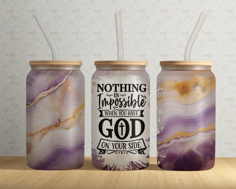 Jesus Faith Quote 16oz Libbey Tumbler Wrap Archivo PNG • Sublimación de vaso de cristal de 16oz de mármol de ágata de oro púrpura • ARCHIVO digital imagen 1