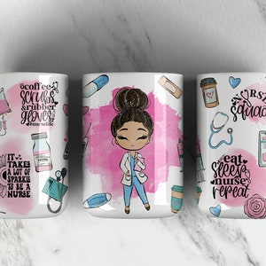 Hispanic Nurse 15oz Mug Sublimation Design PNG File • Nurse Life • Coffee Scrubs and Rubber Gloves • Coffee Mug Wrap Design • Digital ONLY