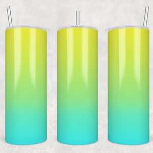 May include: Three stainless steel tumblers with a yellow to blue ombre design and clear lids. Each tumbler has a clear straw.