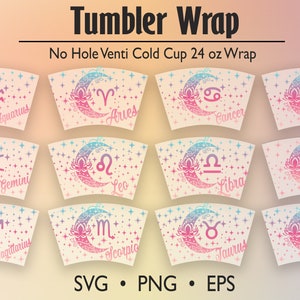 Puede incluir: Doce diseños diferentes para una envoltura de vaso frío de 24 onzas que presenta una luna creciente con una flor de loto y un símbolo del zodíaco. Los diseños están en tonos de rosa, azul y morado. El texto "Tumbler Wrap" y "No Hole Venti Cold Cup 24 oz Wrap" está en la parte superior de la imagen. El texto "SVG PNG EPS" está en la parte inferior de la imagen.