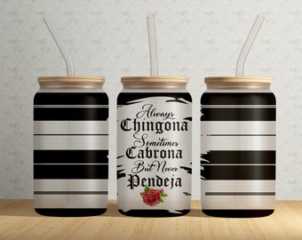 16oz Libbey Can Tumbler Wrap PNG File • ALWAYS CHINGONA • Lowrider • Latina • Stripes Plaid 16OZ Libbey Glass Can Sublimation Design •