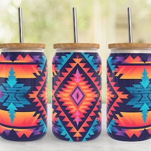 Orange Teal Aztec Pattern 16oz Libbey Glass Tumbler PNG File •  16oz Glass Can Tumbler Wrap • Sublimation Digital Download ONLY