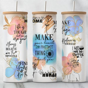 Fichier PNG DAILY Affirmation pour canette en verre de 25 oz • Fleurs bleu orange à l&#39;aquarelle • Emballage en verre Libbey de 25 oz • Sublimation