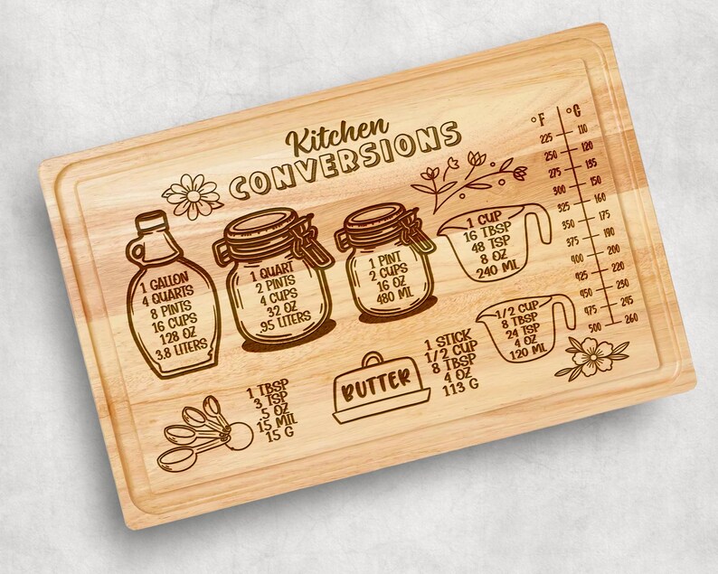 Cooking Conversion Board Kitchen Conversions Chart Cutting Board Laser Engraved Design ...