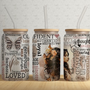 Strong Hispanic Woman 16 oz Glass Can Wrap PNG File • Positive Affirmations 16 oz Glass Tumbler Wrap • Sublimation Design • Digital Only