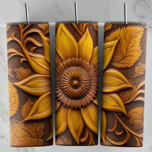 Sunflower Wood Engrave 20 oz Skinny Tumbler Sublimation Design PNG file • 3D Tumbler Wrap • Tooled Leather 3D Sunflower • Digital