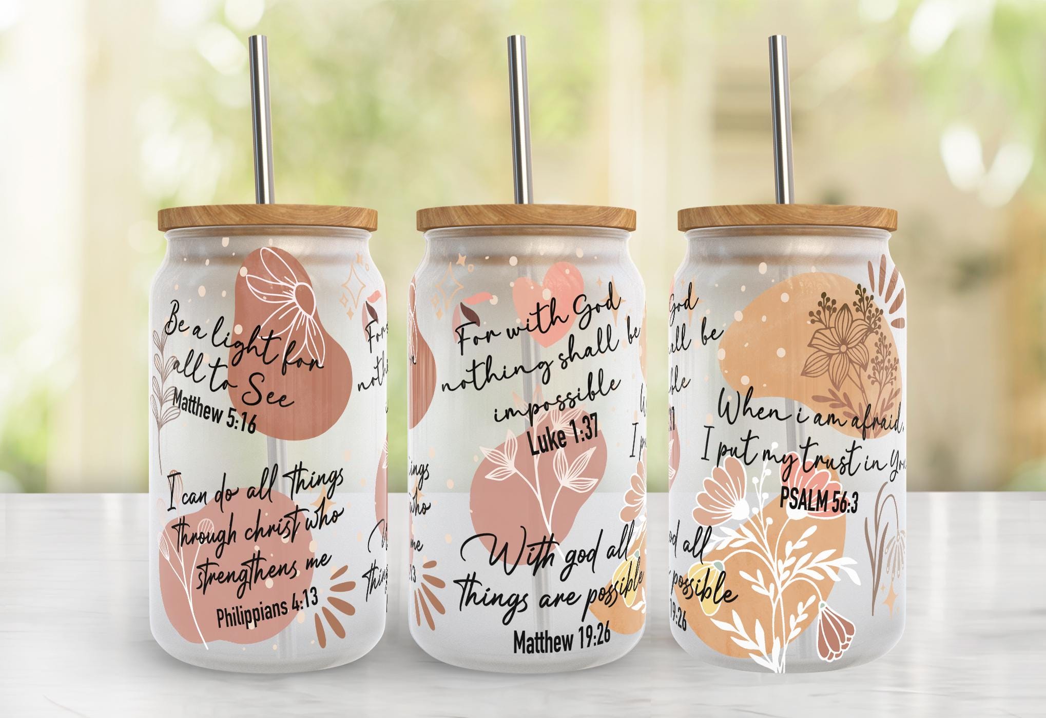 Christian Bible Verses 16oz Libbey Glass Sublimation PNG Wrap Design, Religious 16oz Tumbler Wrap PNG Digital Download